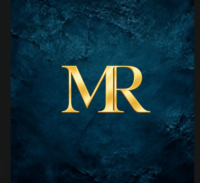 Monograma MR en dorado sobre una textura azul profundo